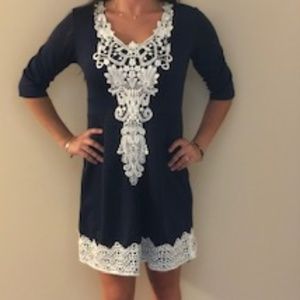 Mini, modern-colonial, navy dress, white lace trim